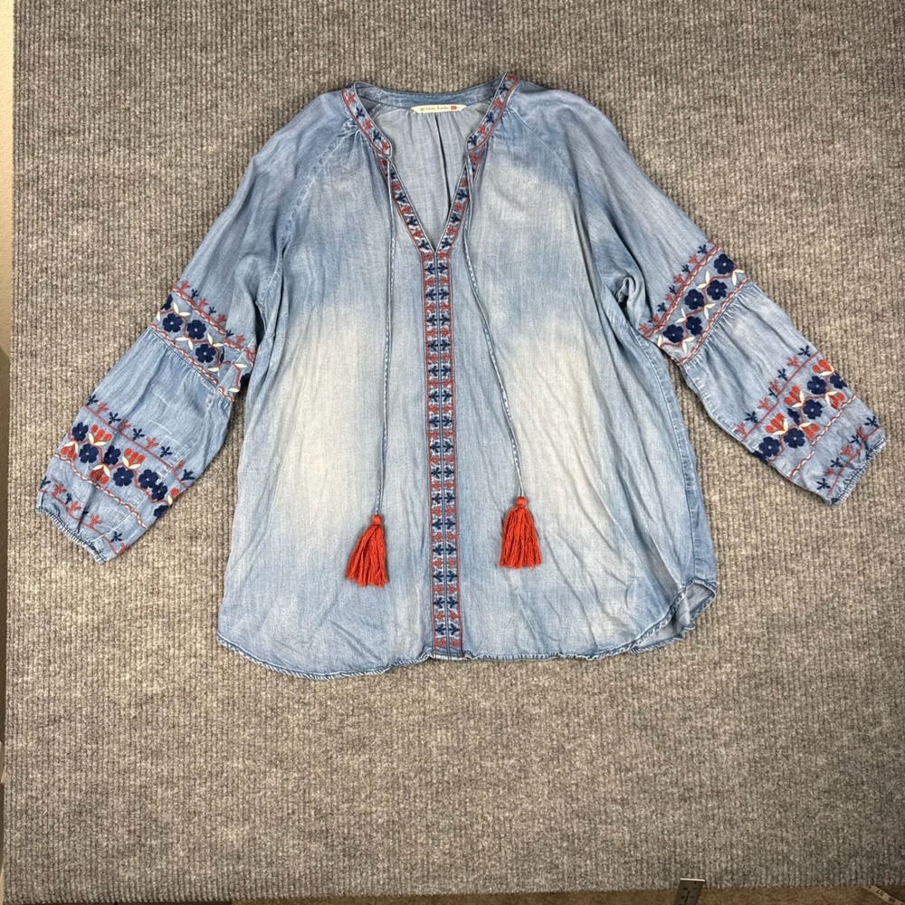 Given Kale Chambray Blouse Womens XL Embroidered Tassel Lyocell Boho Western